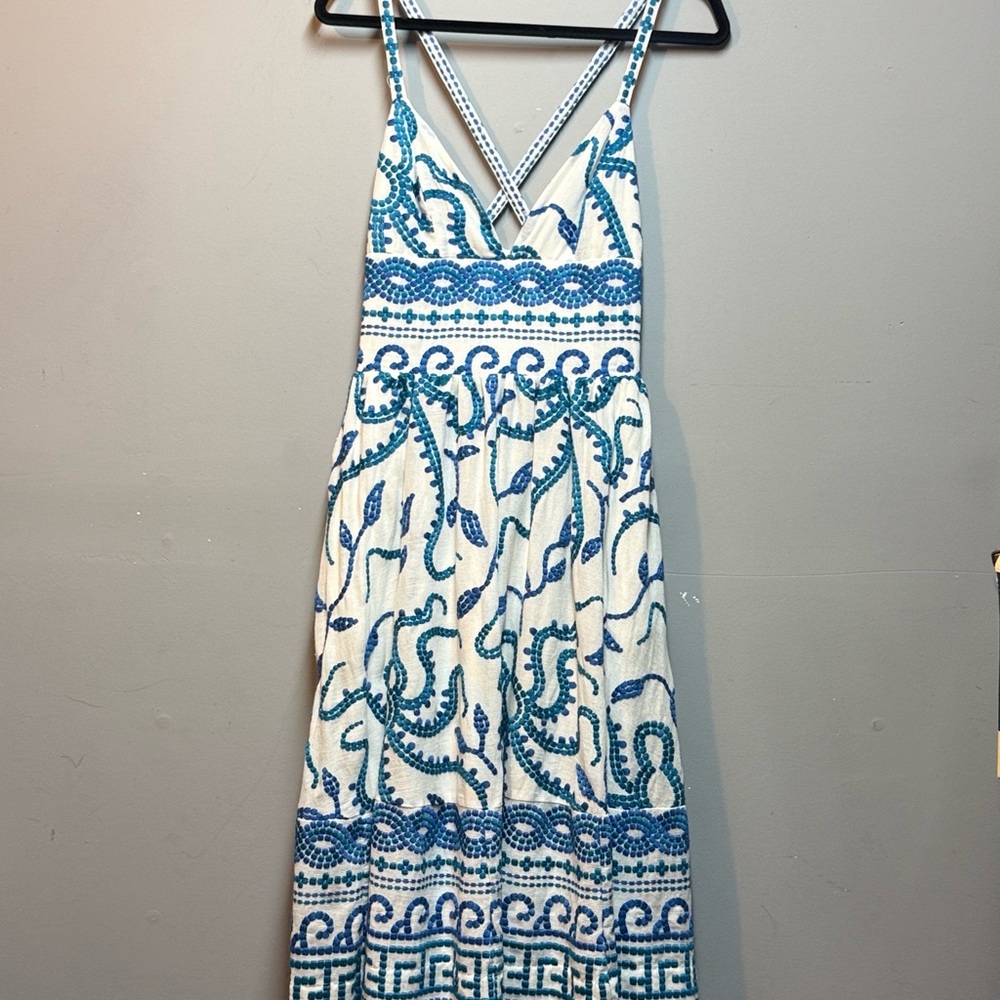 Maeve Blue and White Embroidered Midi Dress Adjustable straps Size 4P